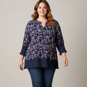 Bloomchic Ditsy Floral Pleated Cuffs Blouse, 1X, NWT